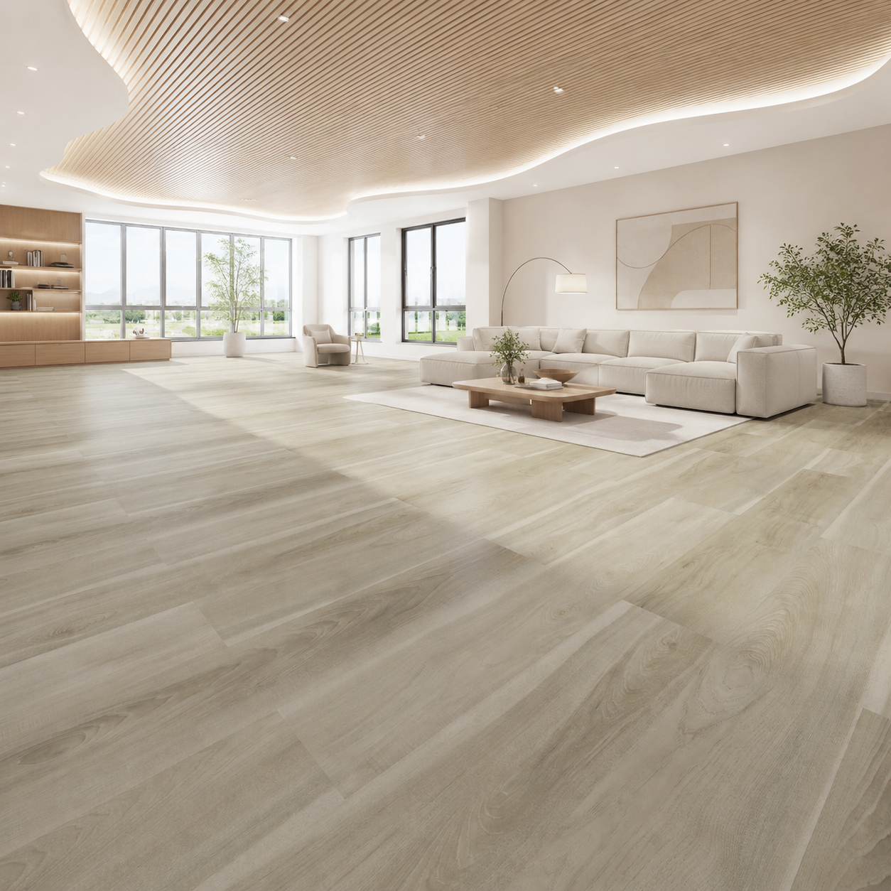Sol SPC Oslo Beige clic 6 mm sol SPC beige Oslo posé dans un salon lumineux