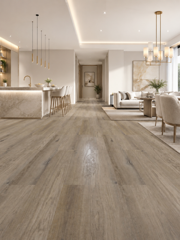 sol SPC taupe Ravenne Brown posé dans un séjour ouvert lumineux