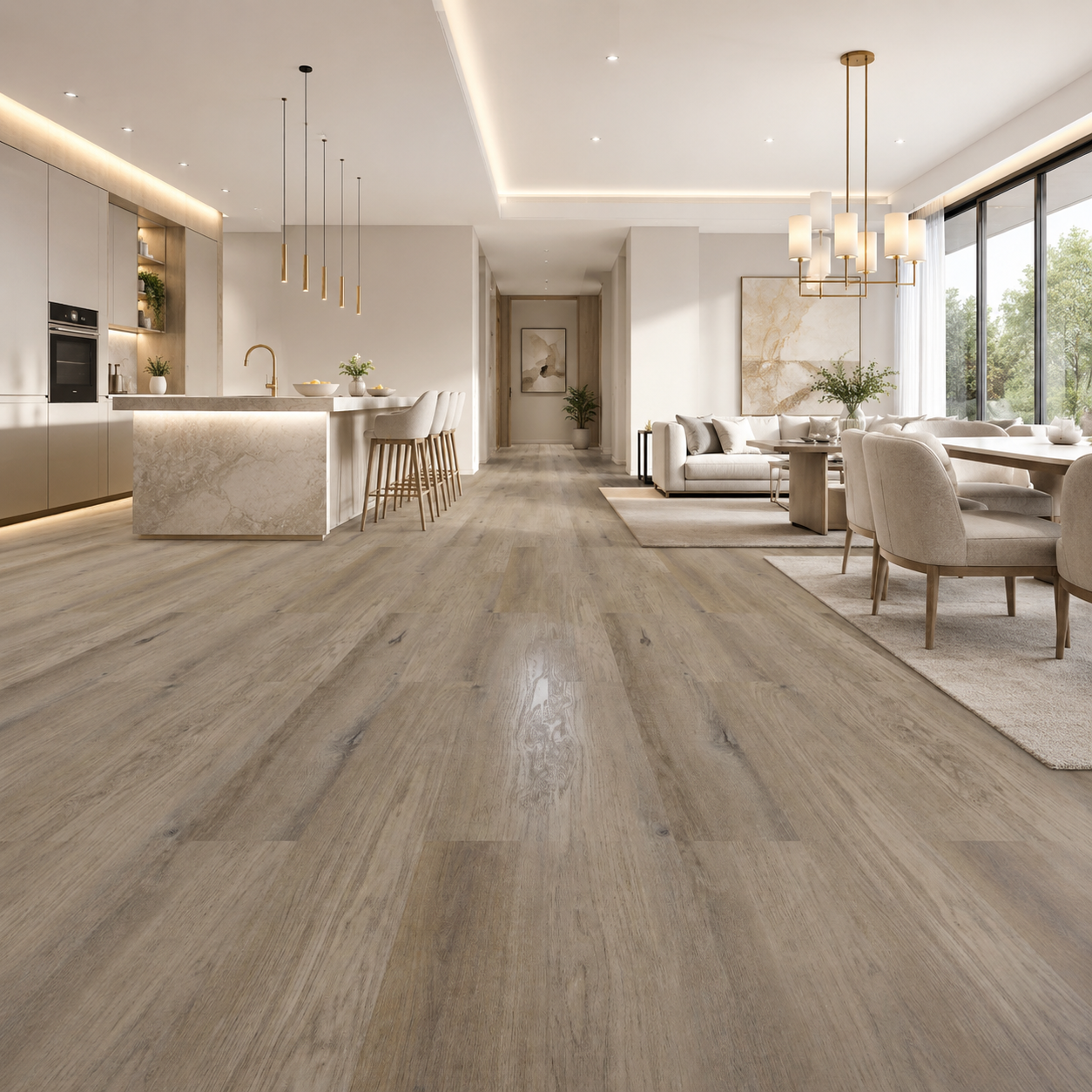 Sol SPC Ravenne Brown clic 6 mm sol SPC taupe Ravenne Brown posé dans un séjour ouvert lumineux